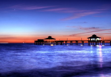 sea pier at sundown - lights, beach, pier, sundown, sea