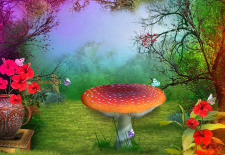 ...Champignons Campagne... - pretty, vase, trees, butterflies, creative pre-made, beautiful, grass, colors, flowers, colorful, butterfly designs, nature, mushroom, plants, love four seasons