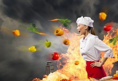 Chef - chef, pepper, fire, food, girl, vegetables, creative