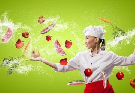 Chef - watermelon, carrots, food, girl, pepper, knife