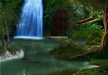 ...Waterfall Abound... - streams, trees, water, premade bg, waterfalls, creative pre-made, nature, love four seasons, door, blue, beautiful, green, colors, grasses, birds