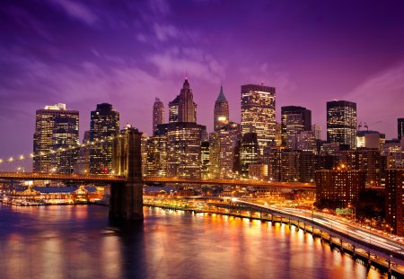 City Lights - clouds, skyline, sea, city, city lights, ocean, reflection, buildings, nature, lights, skyscrapers, sky, bridge, New York