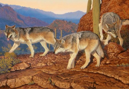 Hunting Wolves - nature, painting, artwork, predators, mountains