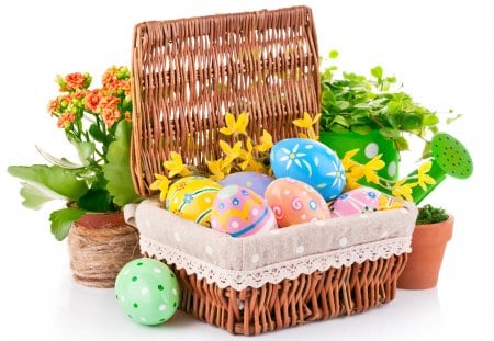 Easter Eggs - easter, happy easter, basket, eggs, holidays, easter eggs, colors, egg, flowers