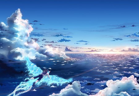 Flying - bird, anime, magic, wing, scenery, blue, landscape, scene, light, magical, boy, male, float, fly, sky, beautiful, scenic, beauty, lovely, sweet, fantasy, white, wings, cloud, cute