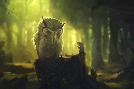 Owl in the forest - owl, north, trees, wood, mystic, forest, pin tree