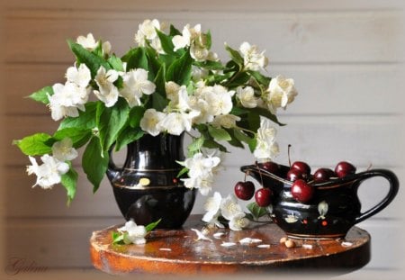 Jasmine flowers - red, flowers, fruits, bouquet, vase, fragrance, still life, white, jasmine, cherries, nature, green