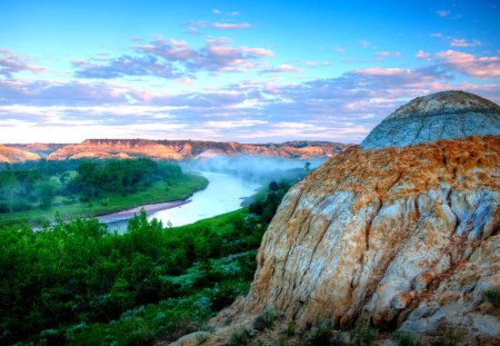 LITTLE MISSOURI RIVER - sky, mountain, forest, river, rock, missouri, little