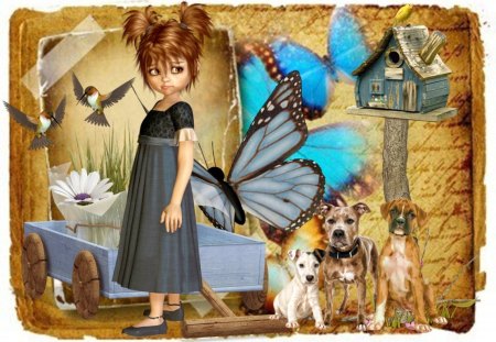 Imagination - kid, dogs, magic, girl, butterfly, imagination