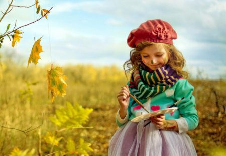 child painter - girl, paint, outdoor, cap