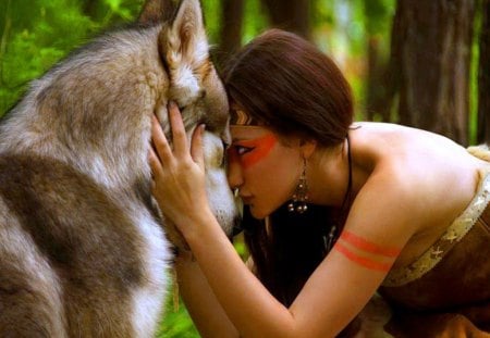 Kinship for Avaboo - woman, wolf, friends, forest, affection, wild