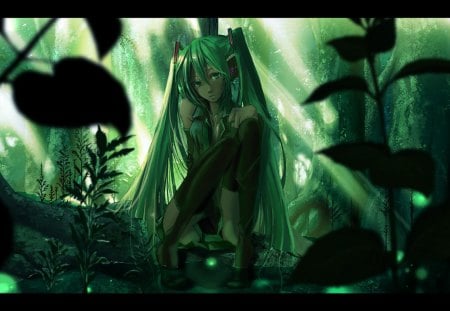 Nature - girl, female, long hair, leaf, aqua hair, plants, miku hatsune, nature, hatsune, vocaloids, vocaloid, anime, green, aqua eyes, miku, manga