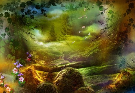 ...Magical Mountains... - trees, birds, creative pre-made, beautiful, premade BG, flowers, nature, vine, plants, love four seasons, woods