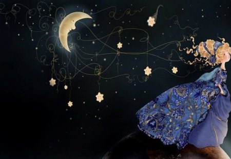 Follow Me, Mr. Moon - moon, whimsical, stars, abstract, girl, fantasy