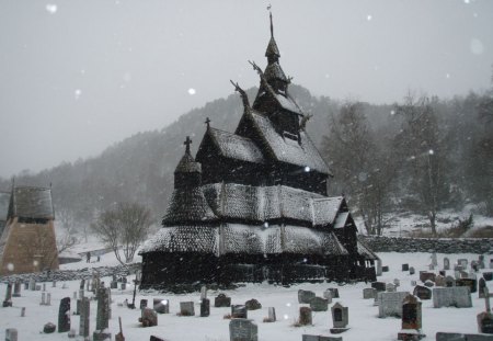 Stavkyrkje - stavkyrkje, nordic, viking, north, snow, norway, church