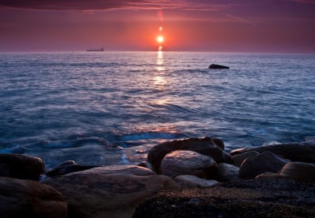 spectacular sunset on the horizon hdr - neach, horizon, sunset, ship, hdr, sea, rocks