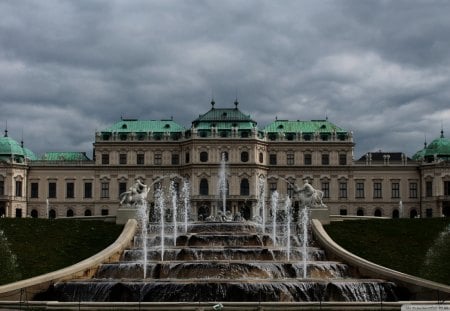 belvedere palace in vienna austria - fountain, statue, clouds, palace