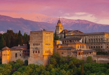 monastery in granada spain - hill, monastery, mountains, sunset