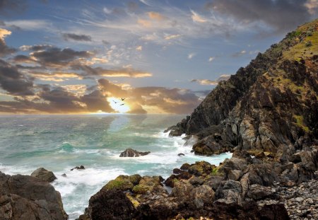 awesome byron bay australia - sunset, shore, sea, waves, rocks, birds