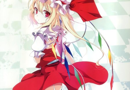 ~Flandre Scarlet~ - red eyes, touhou, flandre scarlet, red dress, anime, wings, vampire, blonde