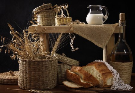 *** Still life *** - glass, baskets, food, milk, bread