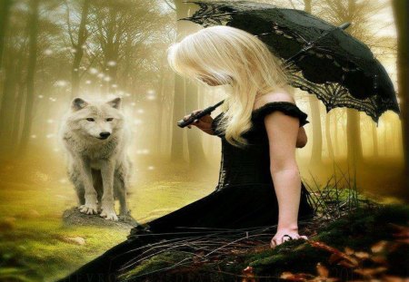 Her Protector - woman, wolf, abstract, woods, animal, fantasy