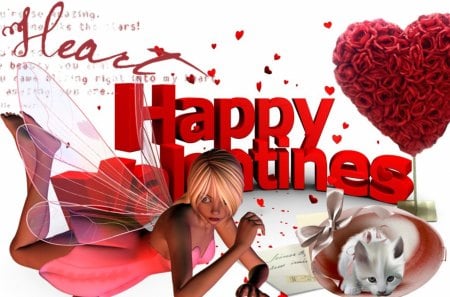 Valentine Day - love, cat, red, heart, valentine day, fairy