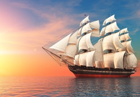 Sailing at sunset - ocean, ship, sunshine, sailing, sailboat, sunset, sea, fantasy