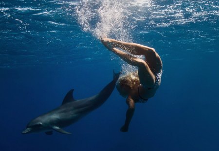 Catch The Dream - swiming, ocean, girl, dream, sea, dolphin