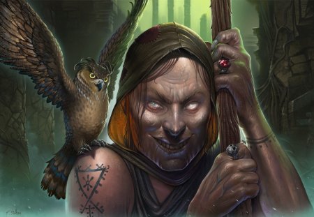 Old Witch - Woman, Tattoo, Owl, Staff, Rings, Witch