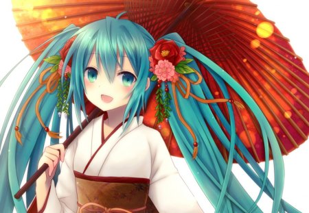 Hatsune Miku - anime, vocaloid, female, twintail, blossom, hatsune miku, green eyes, green hair, long hair, umbrella, plain, anime girl, hot, girl, simple, kimono, flower, petals, yukata, miku, cute, floral, sexy, vocaloids