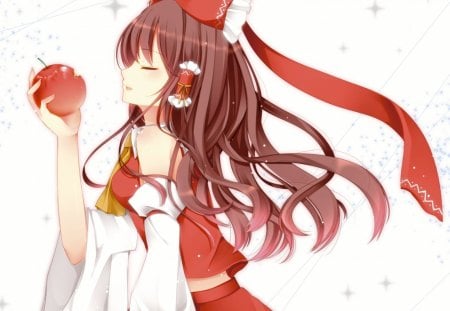 Hakurei Reimu - hot, female, anime girl, brown hair, white, touhou, anime, reimu, apple, cute, sexy, girl, shrine maiden, long hair, hakurei reimu, fruit, red