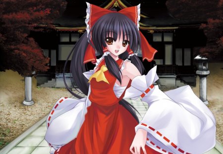 Hakurei Reimu - anime, kawaii, female, shrine maiden, long hair, happy, shrine, touhou, ribbon, reimu, hakurei reimu, house, brown eyes, anime girl, hot, girl, smile, black hair, cute, sexy, building