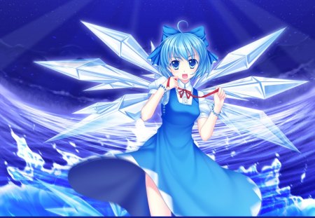 Cirno - gown, cute, hot, anime girl, girl, wings, ribbon, fairy, blue hair, touhou, short hair, cirno, wing, anime, dress, blue, sexy, female, blue eyes