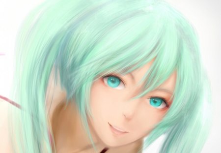 Hatsune Miku - anime, vocaloid, female, twintail, hatsune miku, green eyes, green hair, long hair, plain, anime girl, realistic, hot, girl, simple, cg, white, miku, cute, 3d, sexy, vocaloids, close up