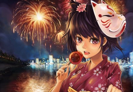 Firework - anime, female, scenery, food, scene, night, light, dango, mask, view, fireworks, sky, anime girl, water, hot, girl, sea, city, scenic, kimono, cityscape, ocean, yukata, cute, sexy