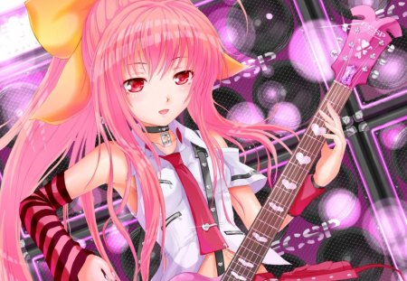 Let Rock - speaker, sexy, hot, girl, guitar, female, light, long hair, pink hair, anime girl, red eyes, abstract, anime, ribbon, cute