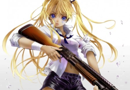 Triela - anime, female, twintail, blonde, blond hair, long hair, triela, blond, plain, ribbon, weapon, blue eyes, anime girl, gunslinger girl, hot, gun, girl, simple, blonde hair, white, cute, sexy, rifle