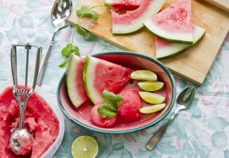 Watermelon snacks - ice cream, watermelon, board, fruits, lime, food