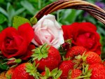 Strawberries and red roses