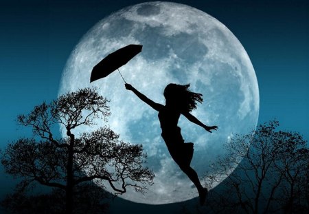 Take Flight - moon, sky, silhouette, girl, blue, umbrella, night, fly