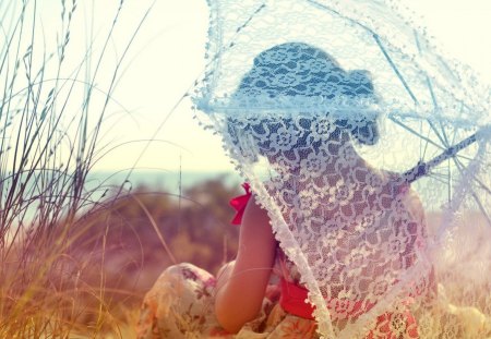 I dreamed a dream of you..... - sunlight, dreamer, umbrella, nature, woman, beautiful, grass, in grass