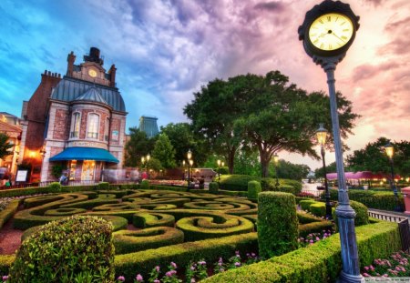 disney world gardens at sunset hdr - park, clock, mansion, hdr, sunset, garden