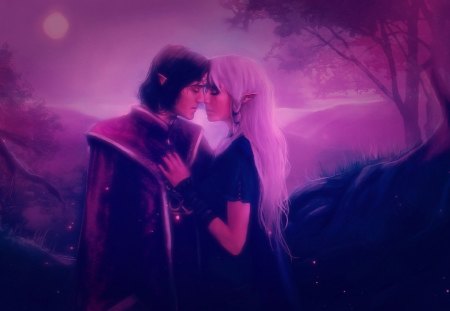 Fantasy couple - moon, love, princess, elf, couple, night, black, fantasy, purple, kiss, pink, man, blue, tree, prince