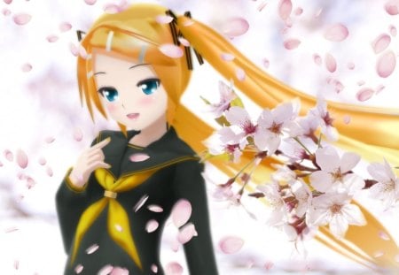 Sakura Breeze - pretty, anime, female, blossom, blonde, blond hair, long hair, blues, uniform, blond, blue eyes, anime girl, realistic, sakura, cherry blossom, twintails, beautiful, hot, girl, blonde hair, beauty, lovely, sakura blossom, sweet, flower, petals, cg, school uniform, cute, 3d, floral, sexy