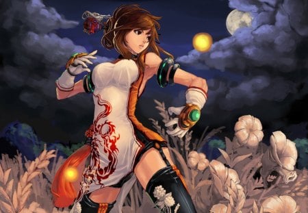 Dragon Fighter - flower, cute, blossom, hot, anime girl, girl, oriental, chinese, fighter, floral, cloud, anime, night, sky, warrior, petals, sexy, moon, female