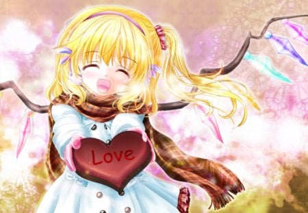 Love - pretty, anime, heart, kawaii, female, wing, blonde, blond hair, happy valentine, long hair, scarlet, happy, touhou, blond, abstract, anime girl, girl, chocolate, flandre, blonde hair, lovely, love, sweet, smile, wings, valentine, fairy, cute