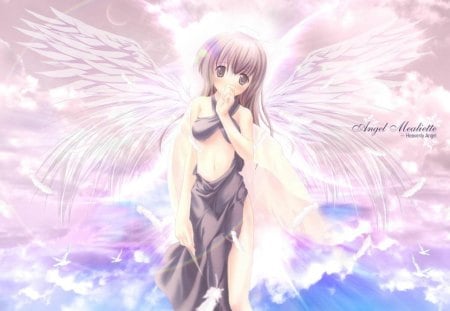 little angel - angel, wings, innocent, big eyes, fethers, lovley, cute, short hair, little, girl, shy, long dress, young, pink, blue, sweet, dress