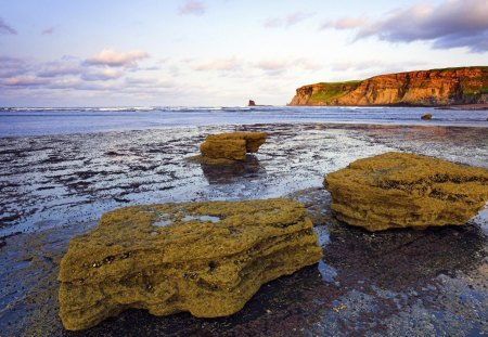 beautiful bay in yorkshire england - beach, bay, rocks, cliffs