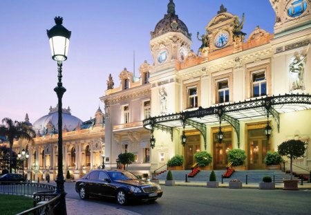 elegant monte carlo casino - evening, driveway, cars, casino, lights